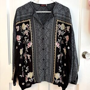JOHNNY WAS Embroidered Button Front Blouse